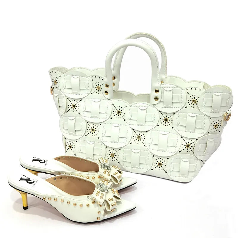 2022 Rivet Style  Women Shoes and Bag to Match in Color matching High Quality Nigerian Design Matching Shoes and Bag