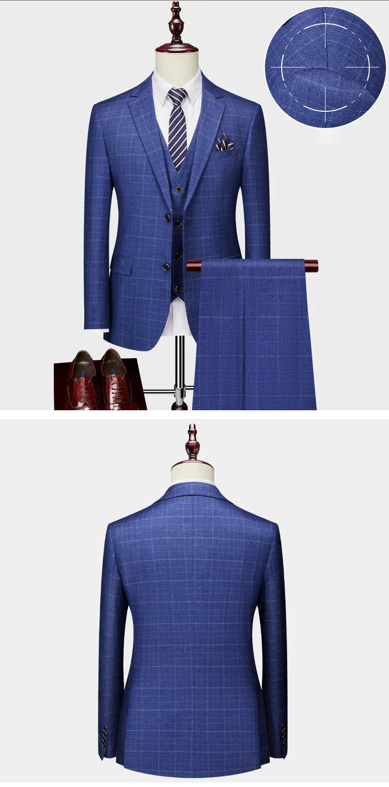 High-end Brand Classic Blue or Gray Plaid Men's Casual Business Suit Retro Official Suit Groom Wedding Dress Jacket Vest Pants
