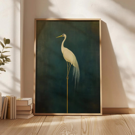 Japanese Crane Canvas Print – Elegant Green & White Bird Wall Art (Unframed)