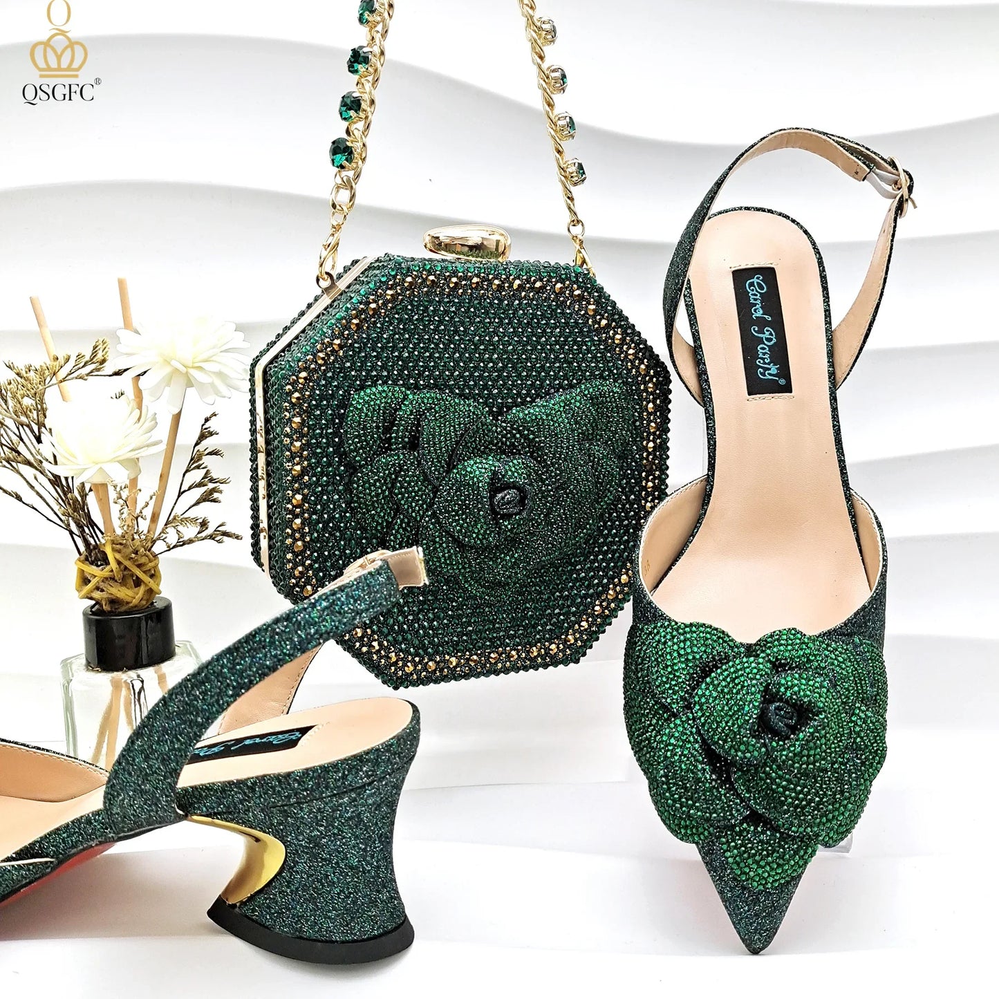 QSGFC African Popular Styles Evening Shoes And Bags Paired With Handmade Petal Clutches Pointed Toe Mid-Heel Women Shoes