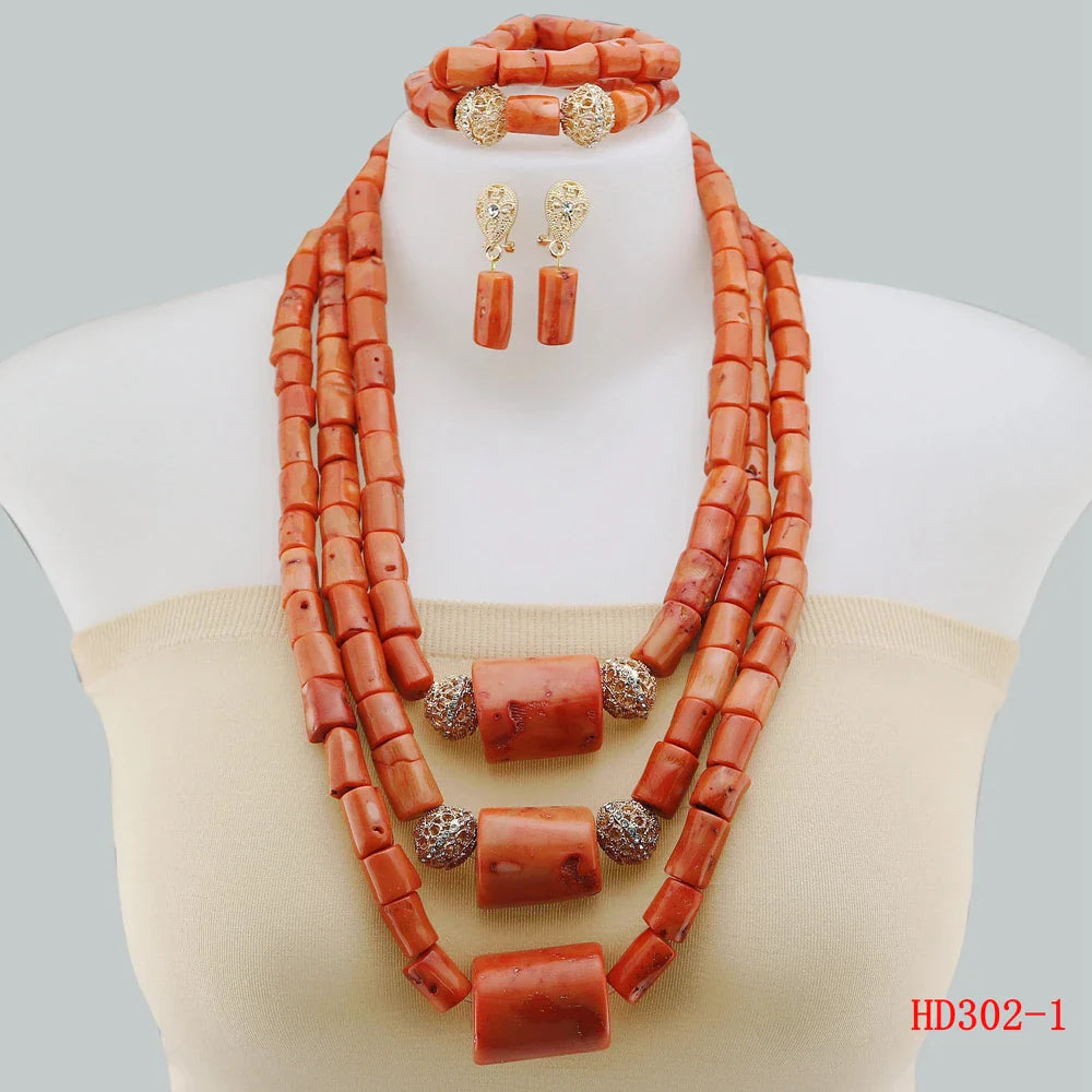Double Layered Original Coral Nigerian Wedding Beads Jewellery Women Coral Costume Necklace Set