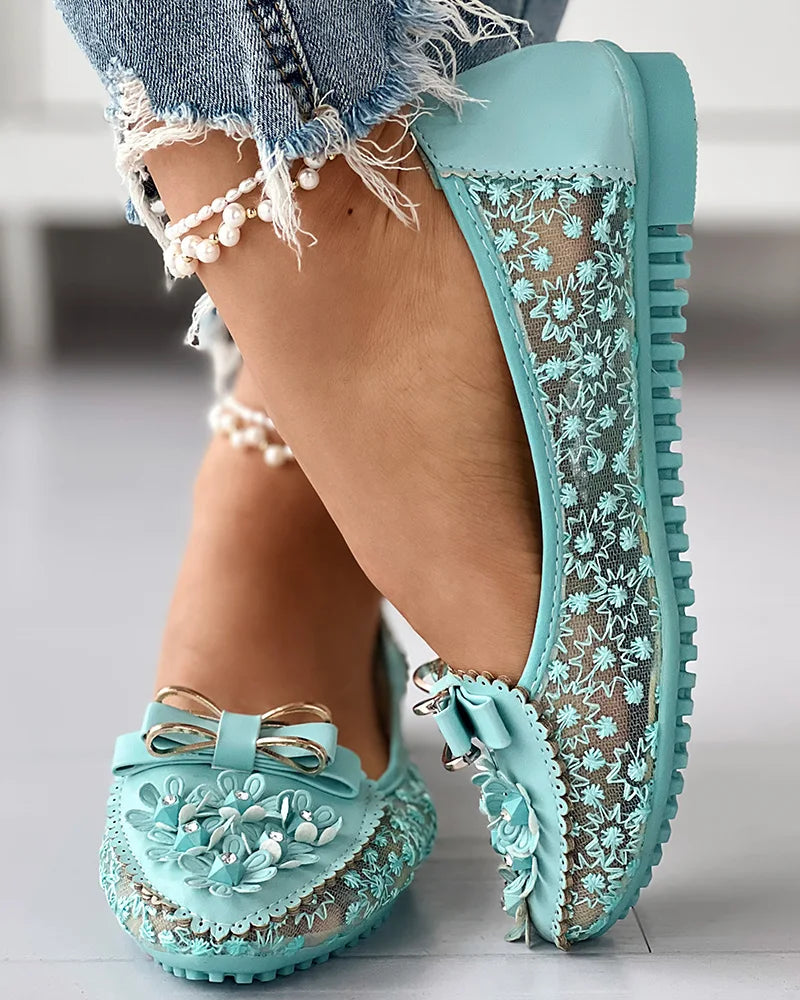 Summer Breathable Solid Color Vulcanized Shoes Floral Embroidery Bowknot Loafers Women Non-slip Flower Sneakers Chaussure Femmes