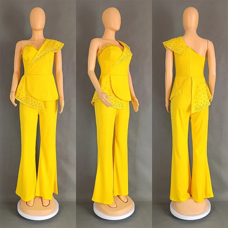 CM.YAYA Vintage Pearl Feather Sleeveless Patchwork Women Party Evening Prom Straight Jumpsuits 2024 Summer Sexy Playsuit Outfit