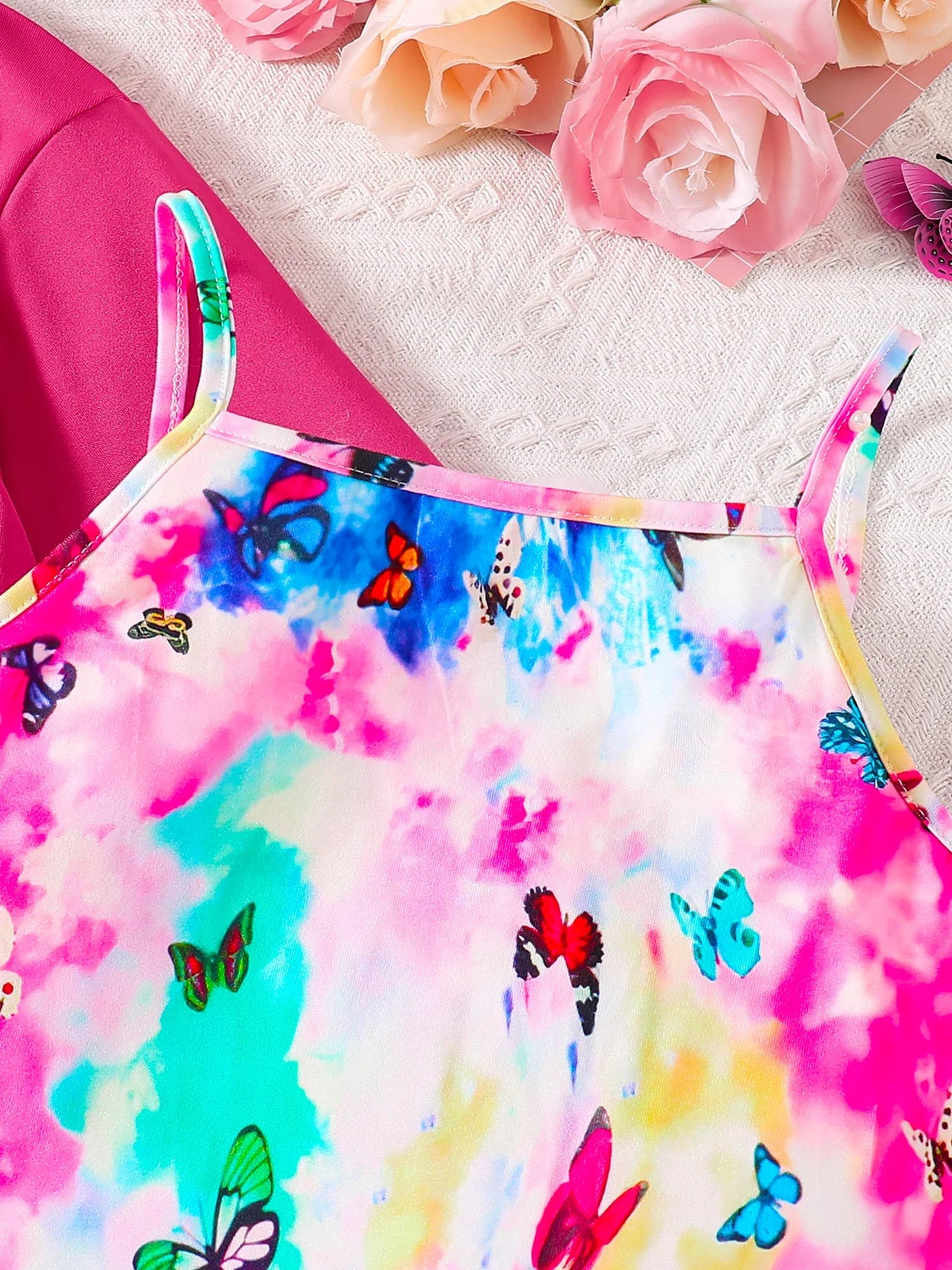 Girls' clothing set autumn fashion solid color round neck short top butterfly pattern suspender skirt student girl two-piece set