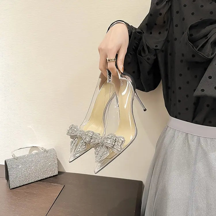 Summer New Tip Crystal Fashion Women's Style Sandals Rhinestone Bow Transparent High Heels Women's Sandals Fashion Shoes shoes