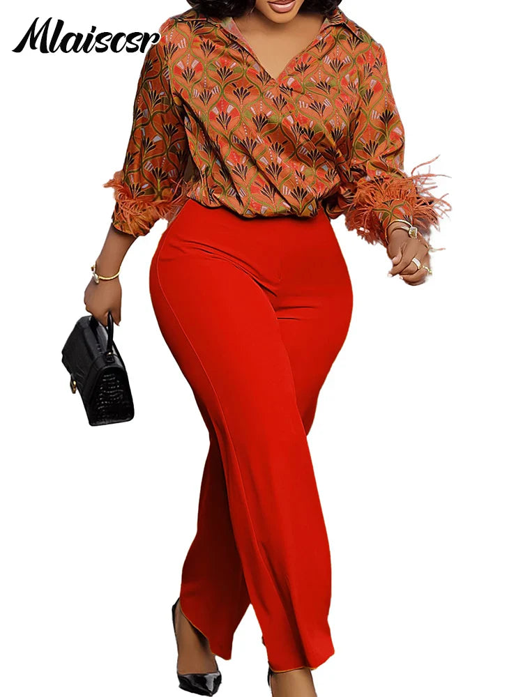 Mlaiscsr Elegant Print Feather Long Sleeve and Wide Leg Pants 2 Pieces Women Matching Sets Fashion Office Lady Birthday Outfits