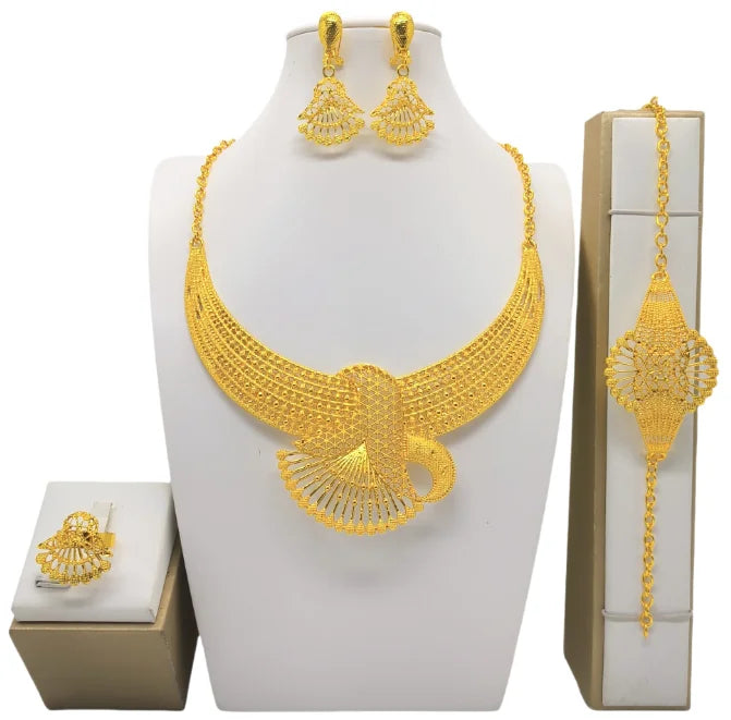 Fashion Dubai Flower Design Luxury 24k Gold Color Women's Jewelry Set African Fashion Bracelet Earrings Necklace Ring Four Piece