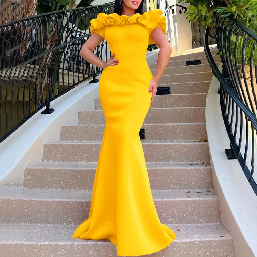 Elegant Long Dresses for Women Off Shoulder Short Sleeve Mermaid Floor Length