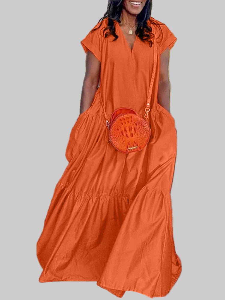 Plus Size Women Bohemian Dress Summer Sundress Solid Color Casual Short Sleeve Party