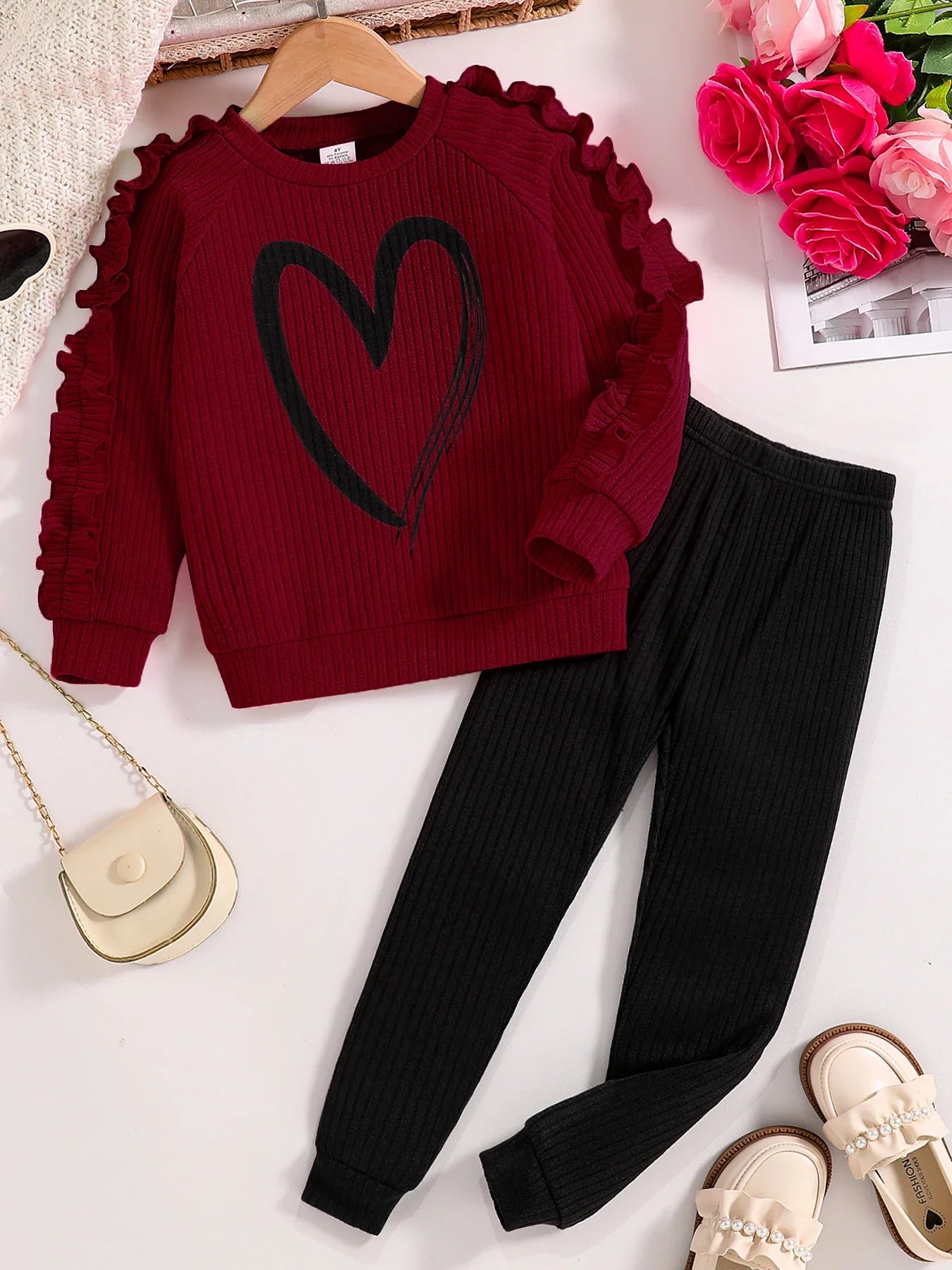 Spring and Autumn children fashion sports set girls sweater + casual pants two-piece girls cartoon heart printed clothing