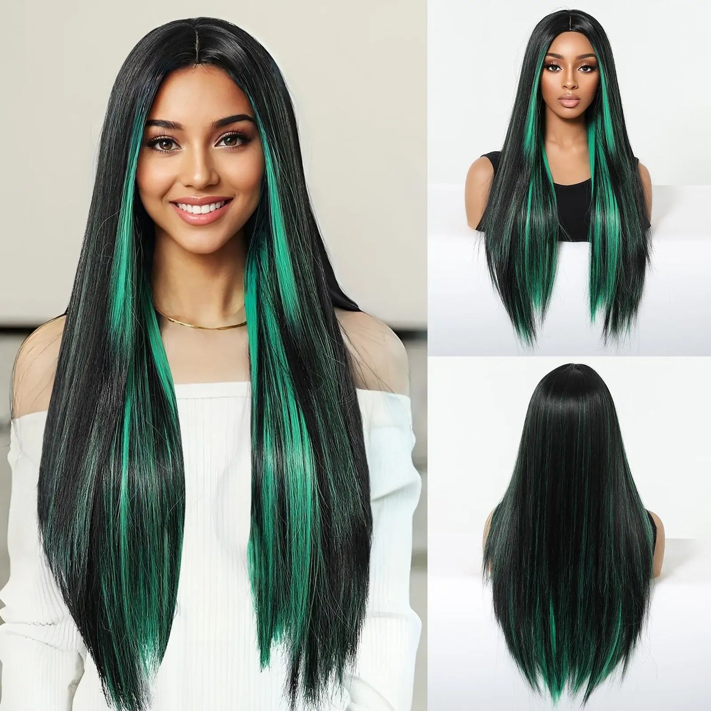 Long Black Green Mix Cospaly Wig Synthetic Hair High Quality Wig for Women Party Daily Use Heat Resistant Straight Natural Wigs