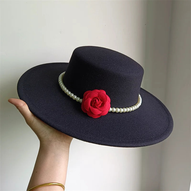 Women's Fashionable Fedora Hat 10CM Wide Brim Flat Top Felt Hats For Wedding And Jazz