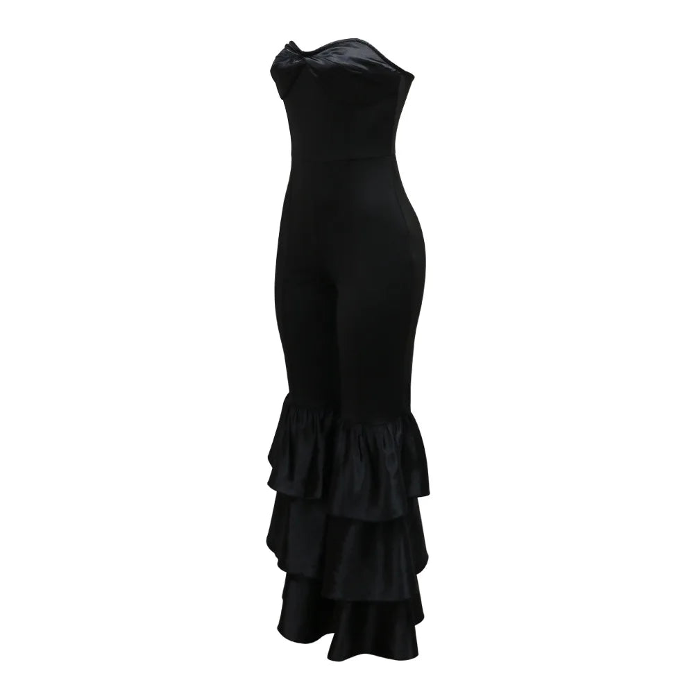 Jumpsuits Strapless Women Sleeveless Sexy Rompers One Piece Overalls Slim Fit Long Pant Ruffles Patchwork Elegant Lady