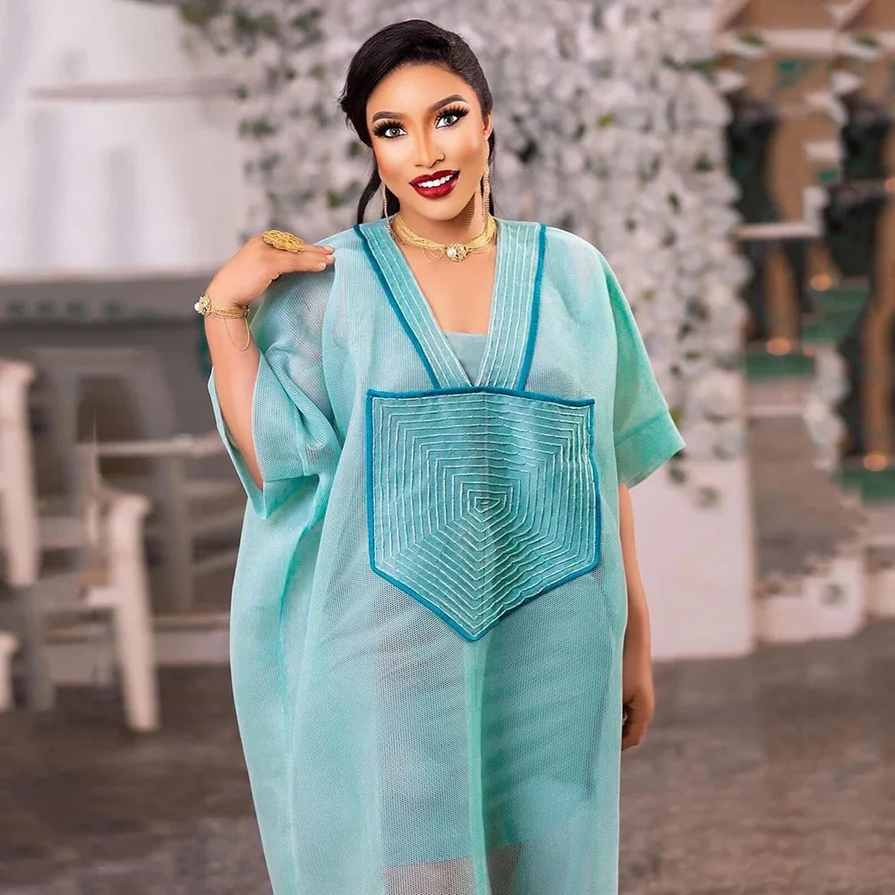 African Modern design blue mesh embroidered deep V-neck plus size skirt with inner skirt African-American women's dress