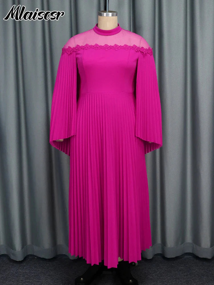 Mlaiscsr Women Mesh Patchwork Pleated A-Line Festival Party Dress Cloak Sleeve O-Neck African Evening Prom Birthday Vestidos New