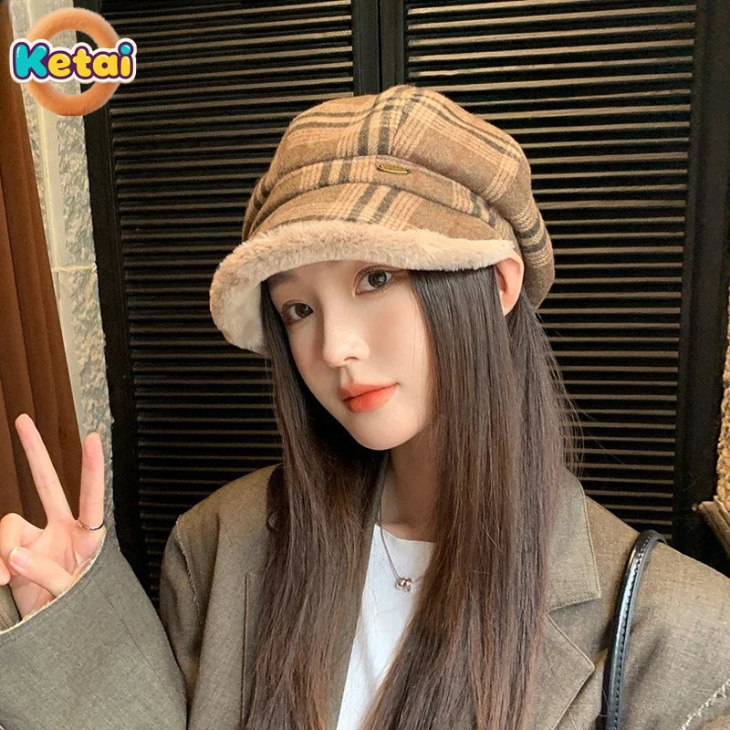 Winter Vintage Plaid Plush Warm Octagonal Women's Hat