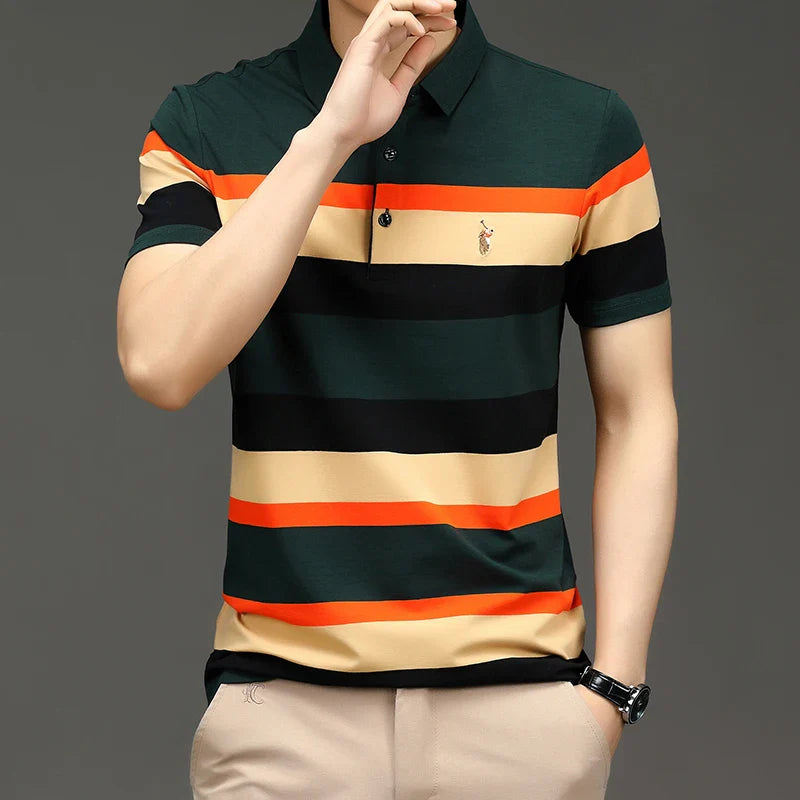 Embroidery Men's Polo Shirts Golf Shirt Summer Striped Button