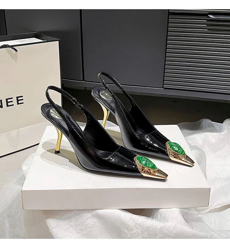 Iron Head Fashion Heterosexual Red High Heels Fox Head Jewel Decoration New Plus Size Banquet Shoes Women's High Heel Sandals