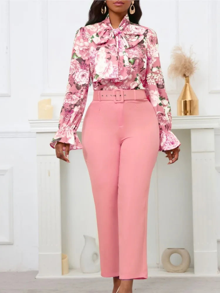 Fashion Print Two Piece Set Women Office Suits Tie Bow Neck Button Shirt + Belt Pencil Pants Elegant Slim Lady Sets Casual shirt