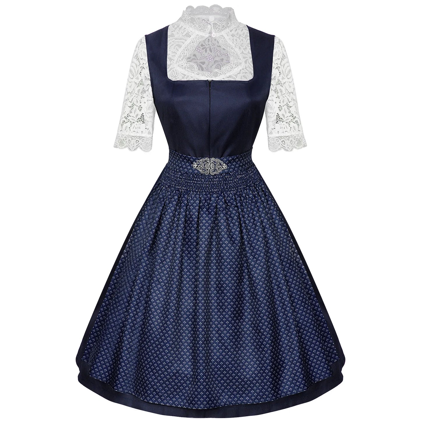 Women’s Elegant Dirndl Dress Set – Oktoberfest Bavarian Costume with Lace Blouse & Patterned Apron