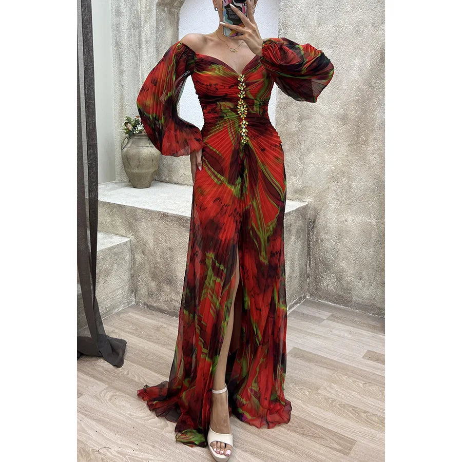 Women Floral Lantern Long Sleeve Dress Elegant Rhinestone Off Shoulder Maxi Dresses Sexy Deep V-neck  Waist Split Parties Dress