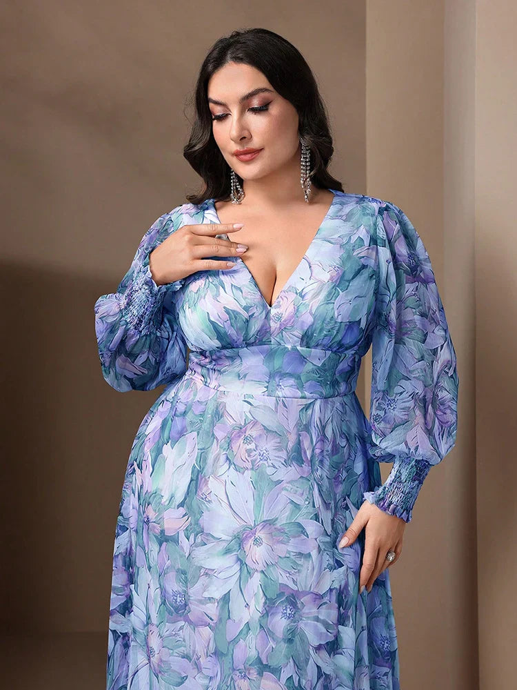 TOLEEN Plus Size Women V-Neck Lantern Sleeve Ruffle 2024 Spring Summer Casual Elegant Floral Print Vacation Party Long Dresses