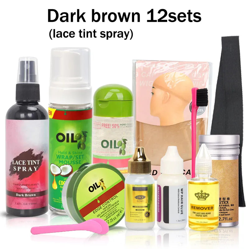 Wig Installation Kit Set With Everything 12Pcs Hair Mousse Lace Tint Spray Lace Wig Glue Hair Wax Stick Edge Control Wig Band