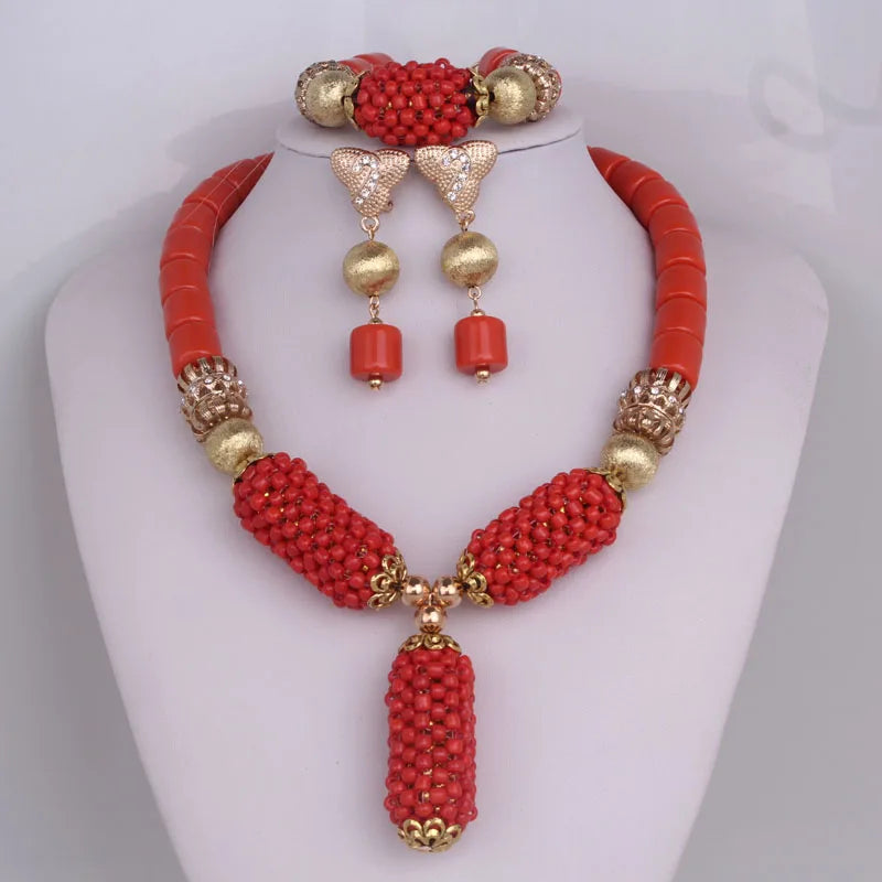 Dudo Orange Balls Artificial Coral Necklace African Beads Jewelry Sets Women Necklace Earrings Bracelet