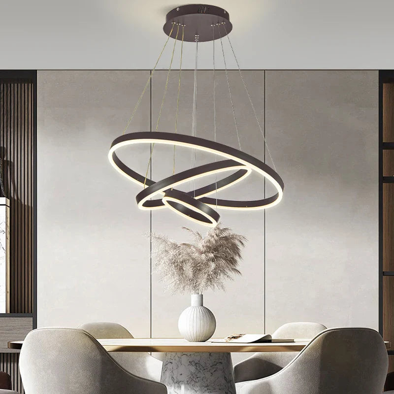 KOMORE Modern 3 Ring Aluminum Round Hanging LED Pendant Light Stepless Dimming & Cool White for Kitchen Living Room Hallway