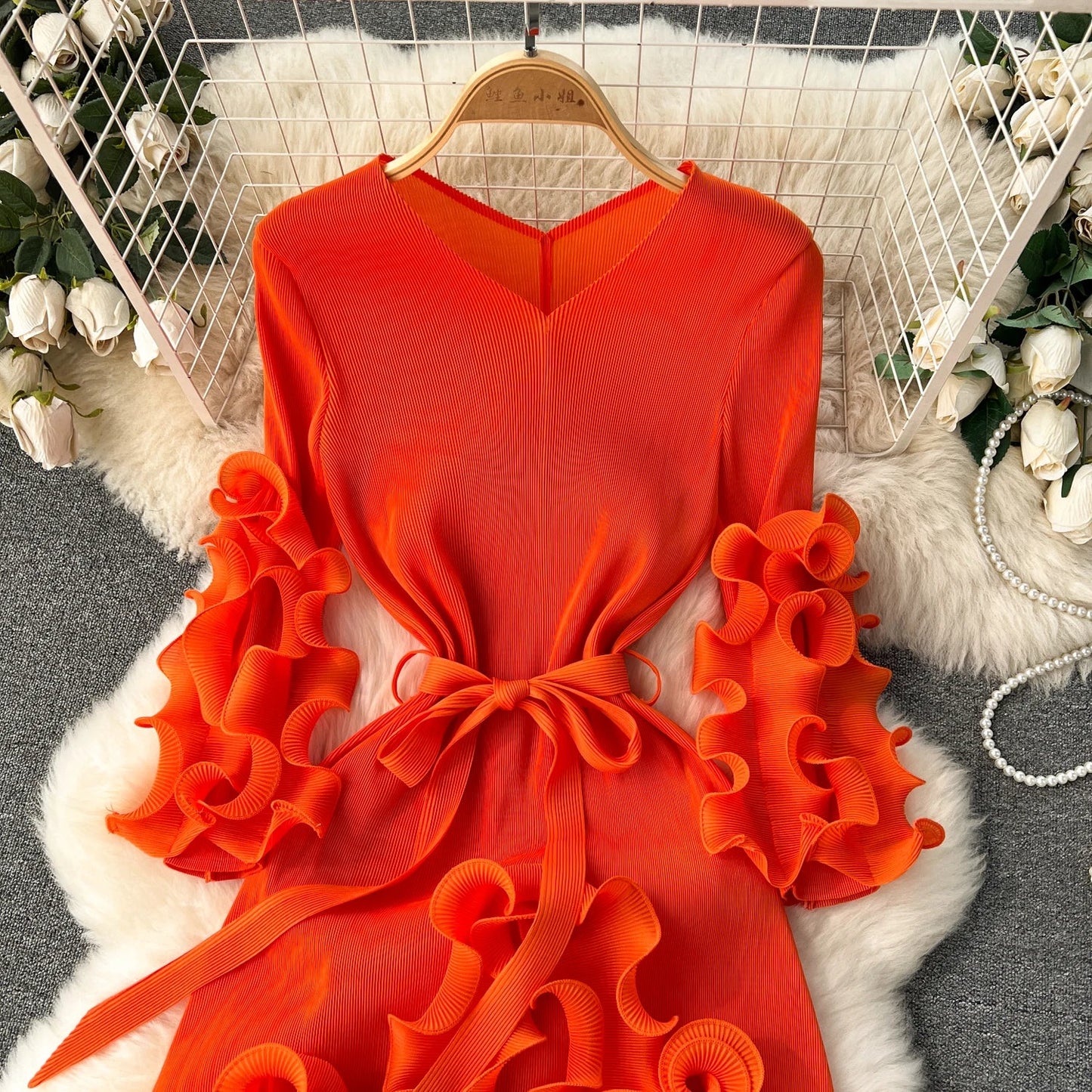 European Court Style Dress Miyake for Women A Design Sense Tassel V-neck Slim Fit Long High-temperature Pleated Flared Sleeve