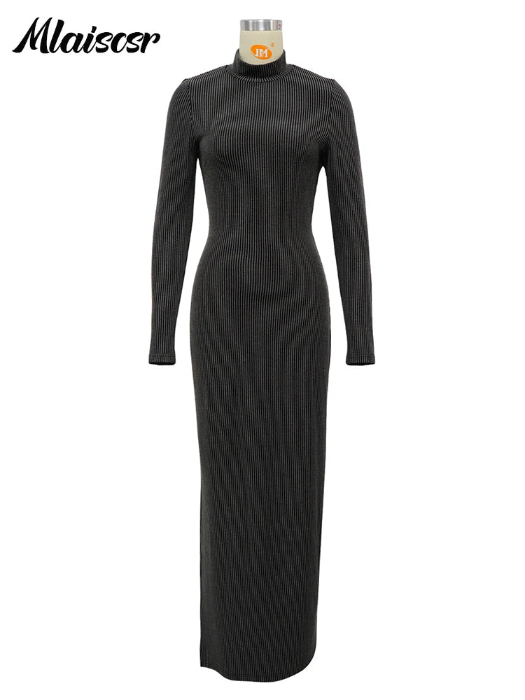 Mlaiscsr Knit Ribbed Elegant Evening Dresses Women Long Sleeve Side Split Slim Bodycon Sexy Birthday Party Prom Fall Winter Robe