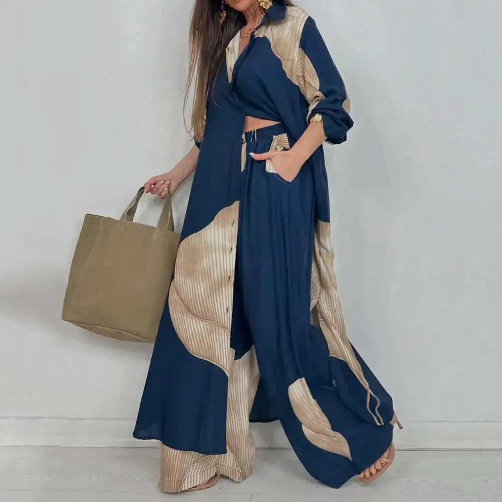 Two-piece Suit Women Contrasting Color Suit Stylish Women's V-neck Patchwork Printed Suit for Various Occasions Loose Fit Top