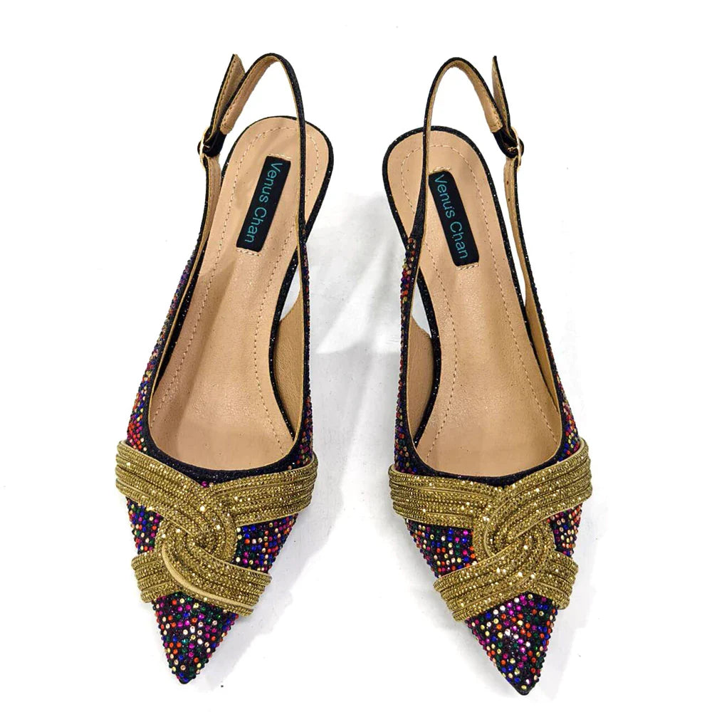Venus Chan Black Hollow Design With Pointed Shoes And Fashion Three-Dimensional Bag Cozy Rhinestones Are Suitable For Parties