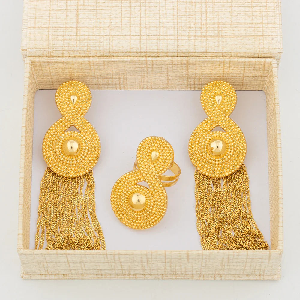 Dubai Gold Color Earrings For Women 18K Gold Plated Ring Set Ethiopian Jewelry Trend  Bride Jewellery Wedding Party Accessories
