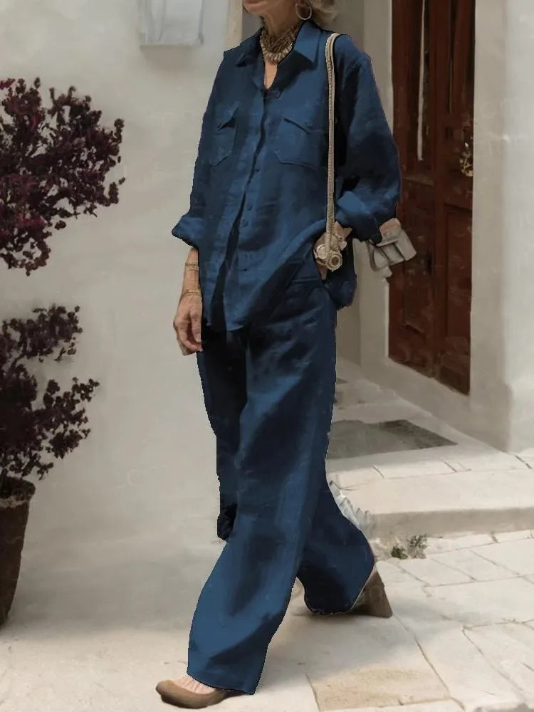 Women Elegant Lapel Neck Long Sleeve Shirt Pants Sets 2PCS Fashion Autumn Outifits Solid Work Trousers Suits Tracksuit