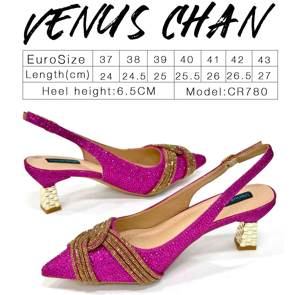 Venus Chan Black Hollow Design With Pointed Shoes And Fashion Three-Dimensional Bag Cozy Rhinestones Are Suitable For Parties