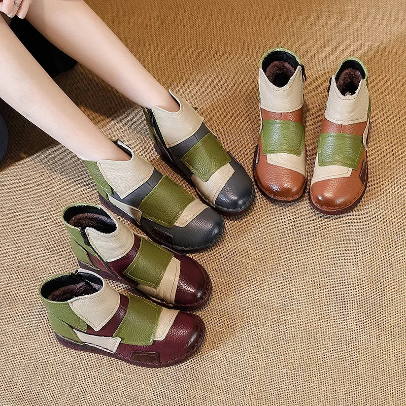 Winter Genuine Leather Flat-soled women shoes Casual shoes women Boots Color Matching Short Boots Warm Comfortable Cotton Shoes