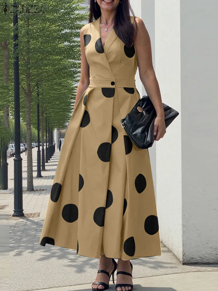 ZANZEA Summer Office Lady Sundress Woman Stylish Polka Dot Maxi Dresses Elegant Party Dress Fashion Sleeveless Holiday Robe 2025