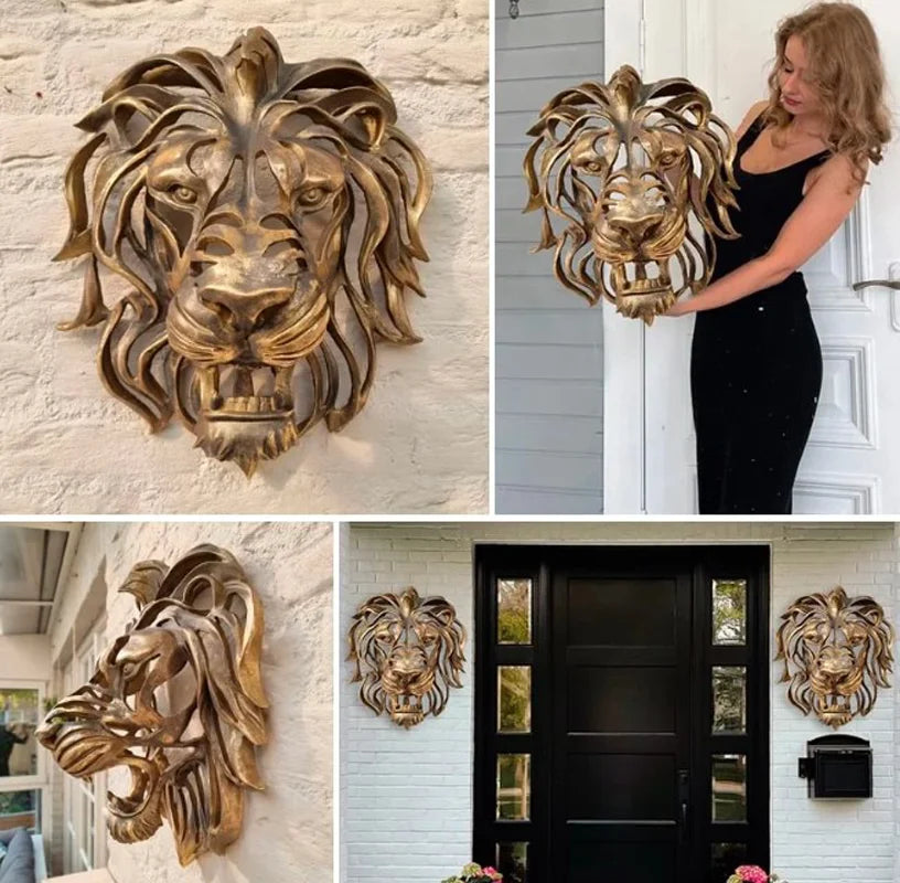 Significant Lion Head Wall Mounted Art Sculpture Gold Resin