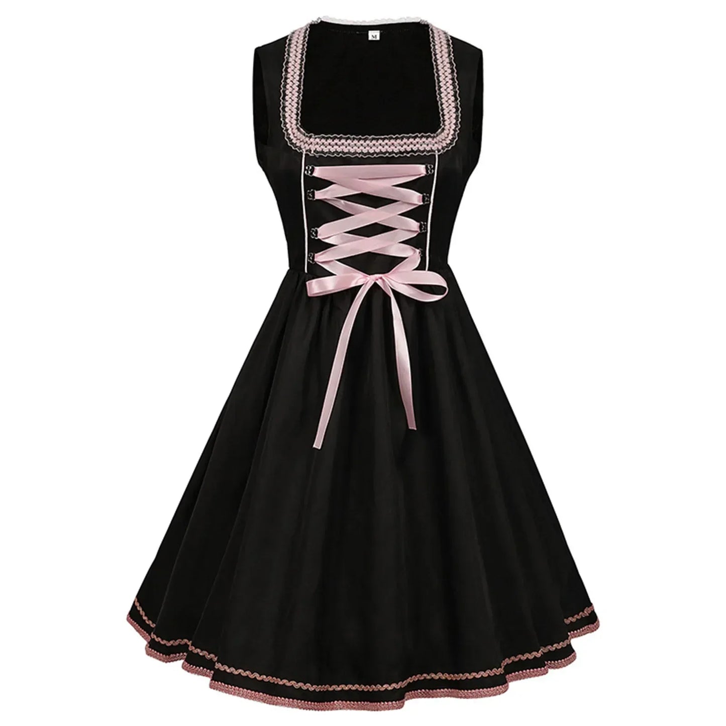 Women’s Black & Pink Dirndl Dress – Bavarian Oktoberfest Costume with Floral Embroidered Apron & Satin Bow