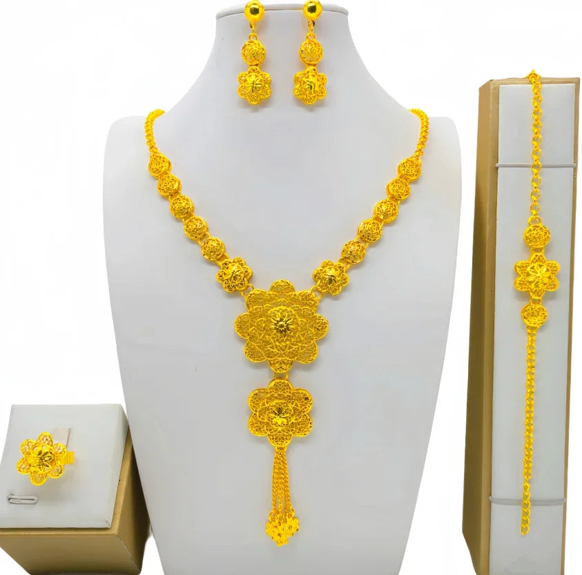 Fashion Dubai Flower Design Luxury 24k Gold Color Women's Jewelry Set African Fashion Bracelet Earrings Necklace Ring Four Piece