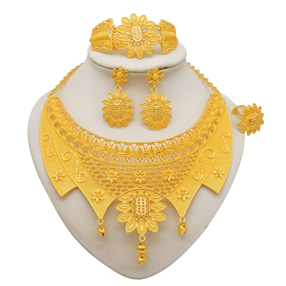 Indian Dubai Gold Color Jewelry Sets For Women Earring & Necklace Nigeria Moroccan Bridal Wedding Party Gifts