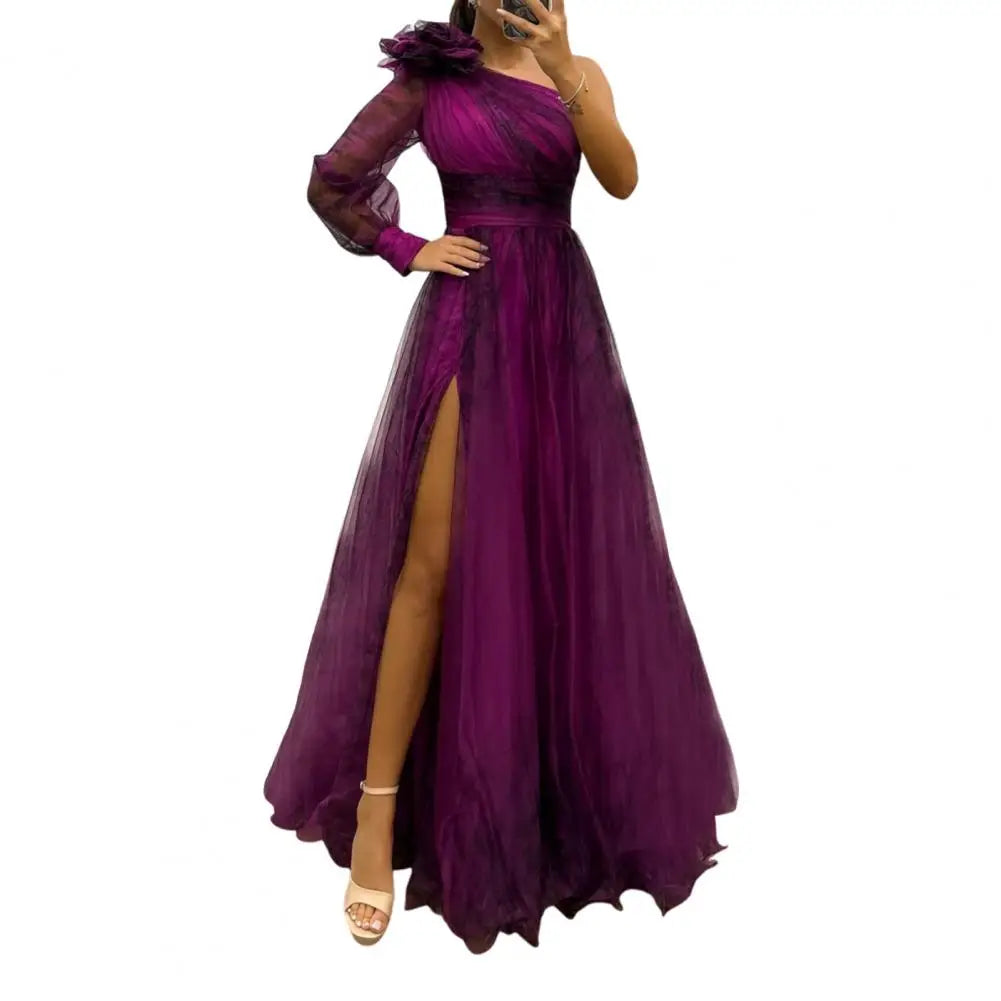 2024 Womens Evening Dress One Shoulder Pleated Pleated Mesh Single Long Sleeve Slim Waist A-line Floor Length Slit Banquet Dress