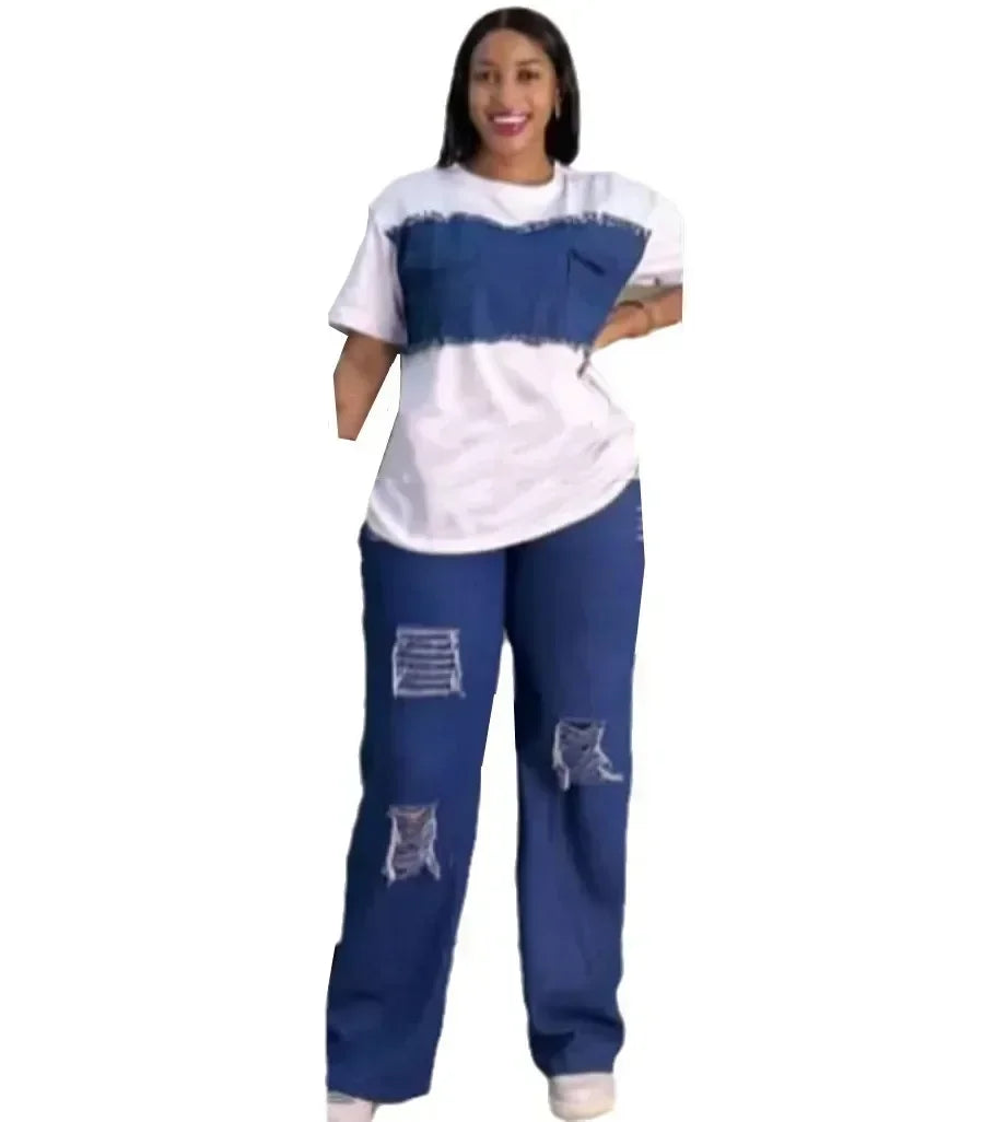 2 Piece Women Set Dashiki Denim African Clothes Summer New Fashion Short Sleeve Top And Jeans Suit Party Lady Matching Sets