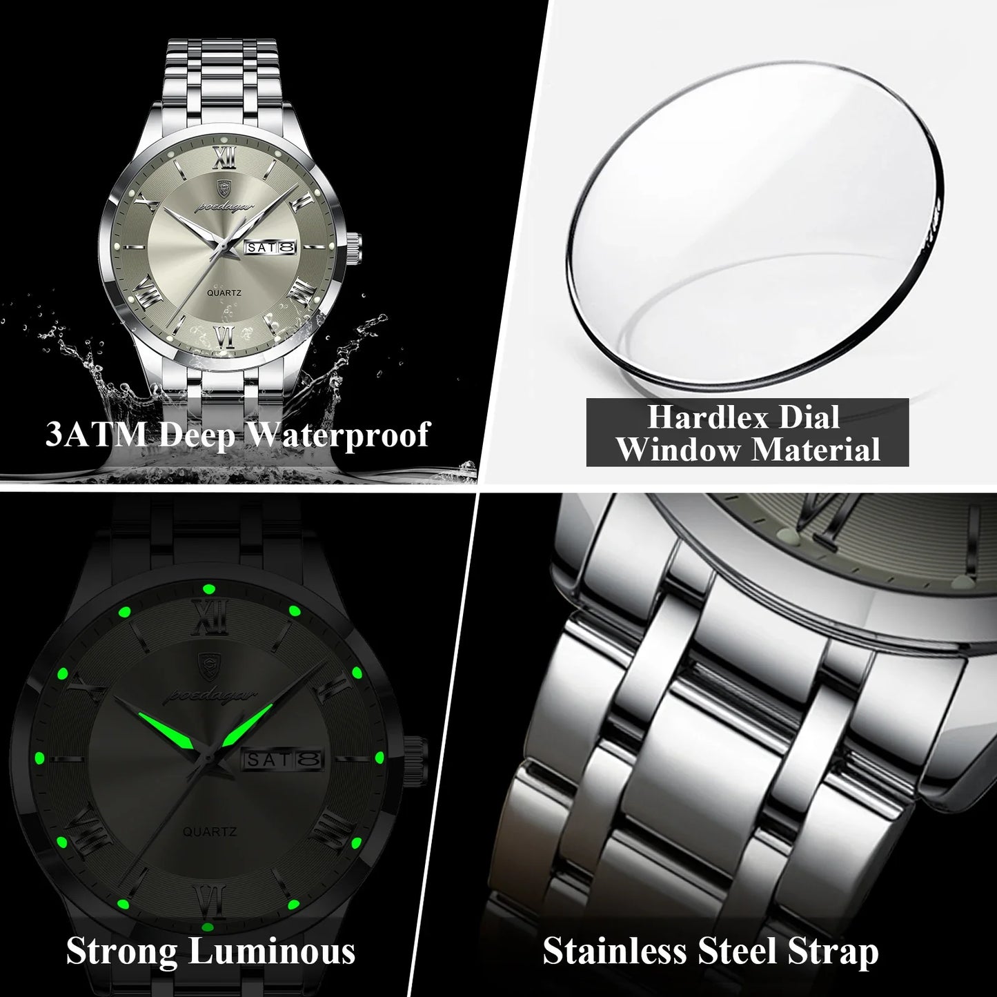 Luxury Fashion Men Clock Waterproof Luminous Week Date Sports Man Wristwatch Stainless Steel Men's Quartz Watches Reloj
