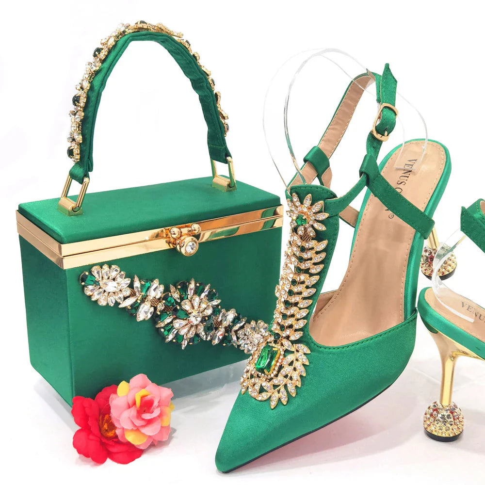Women's Diamond Decorated Pointed Toe Italian Shoes And Bag Set
