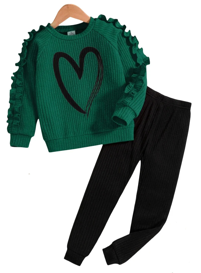 Spring and Autumn children fashion sports set girls sweater + casual pants two-piece girls cartoon heart printed clothing