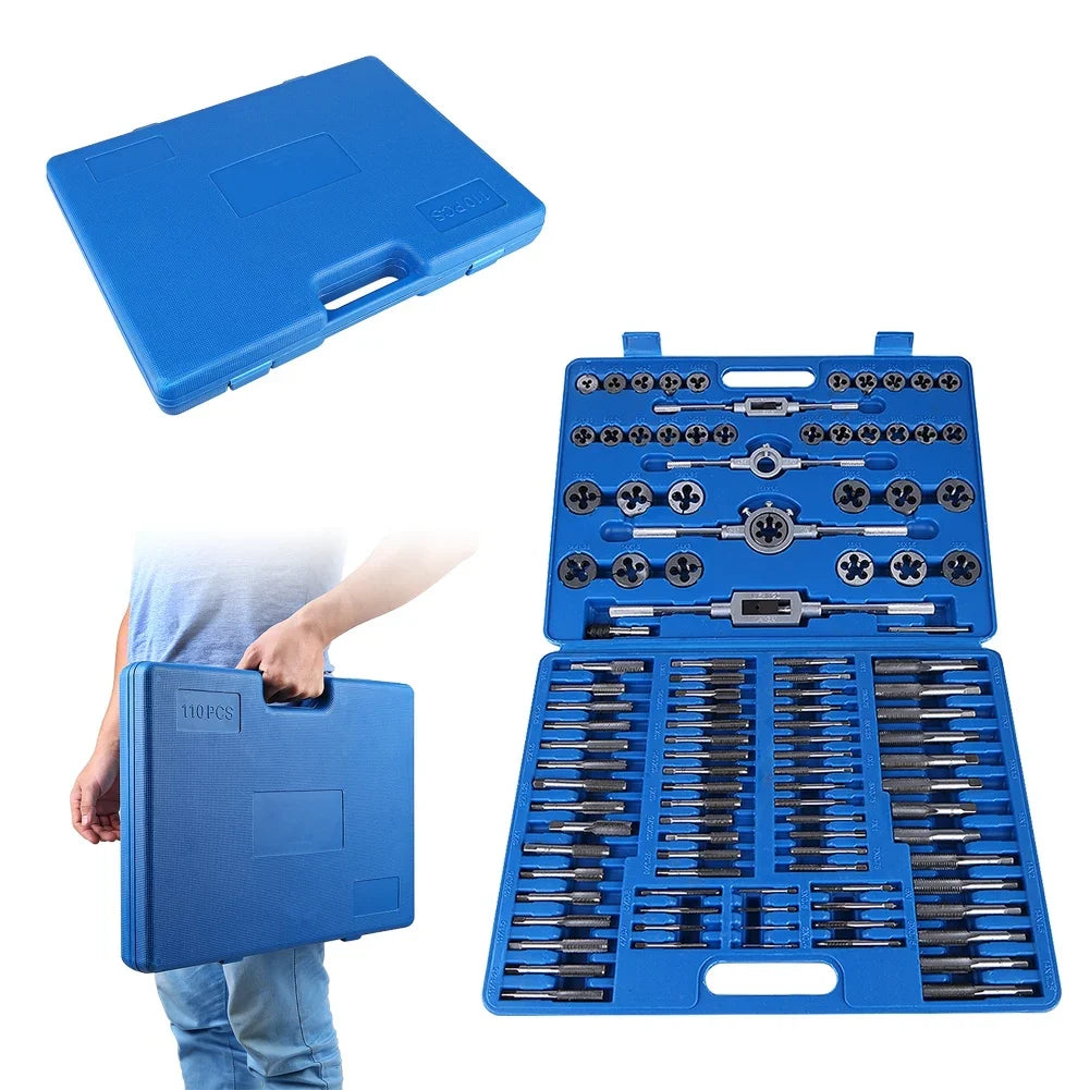 110pcs/set M2‑M18 Screw Nut Thread Taps Dies With Wrench Handle Heavy Duty Hand Tool Kit