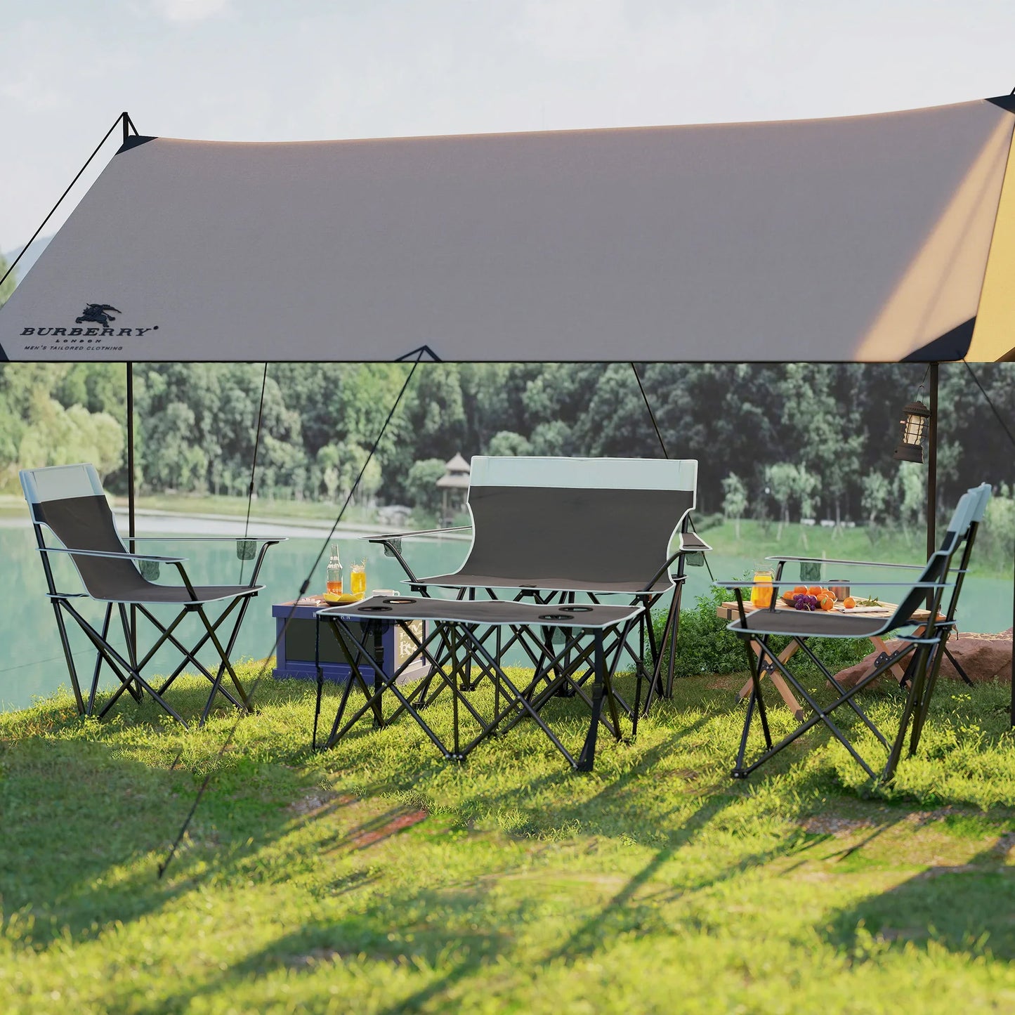 Outsunny 4 Piece Foldable Camping Table and Chairs Set, Grey