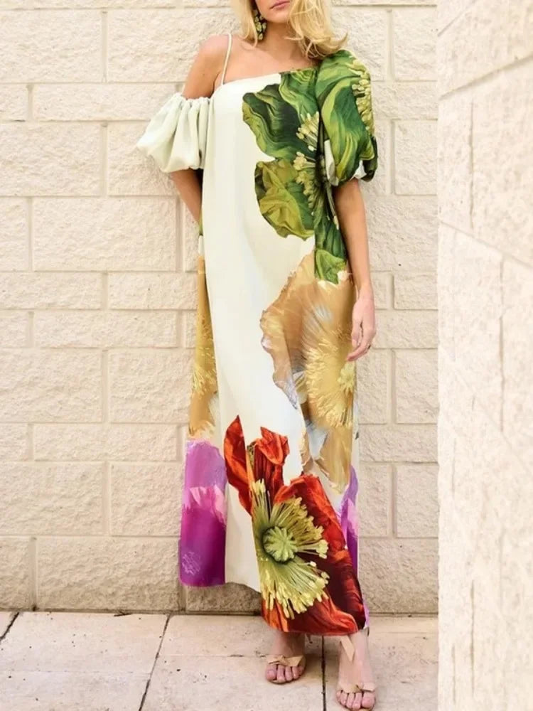 UOOZEE 2025 New Women Fashion Elegant Floral Printed Evening Maxi Dresses Loose One-Shoulder H-line Vacation Bohemia Dress